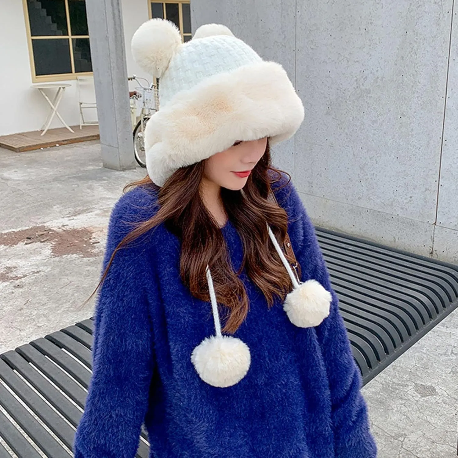 Fluffy Winter Beanie Hats for Women Warm Knitted Beanies with Faux Fur Pompom Thermal Chunky Skull Cap Ear Cover Hat