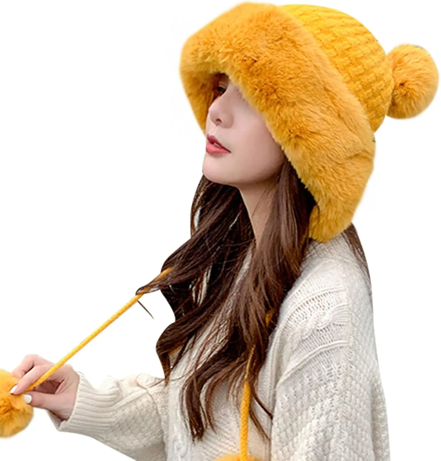 Fluffy Winter Beanie Hats for Women Warm Knitted Beanies with Faux Fur Pompom Thermal Chunky Skull Cap Ear Cover Hat