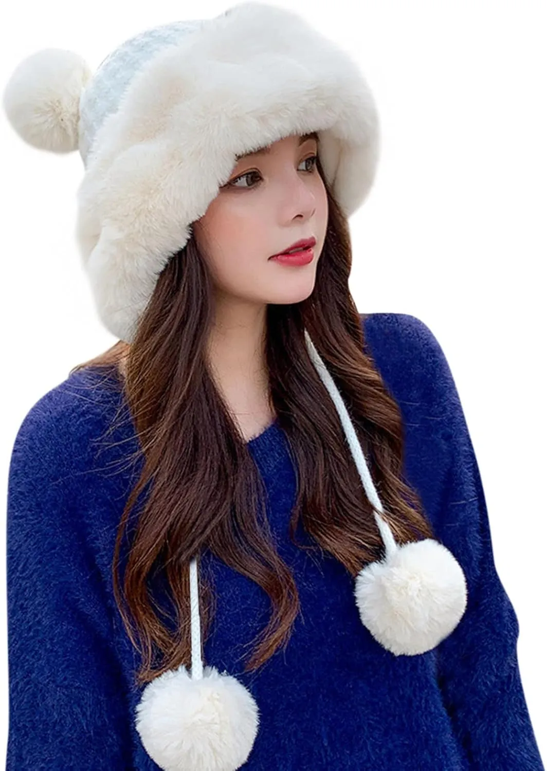 Fluffy Winter Beanie Hats for Women Warm Knitted Beanies with Faux Fur Pompom Thermal Chunky Skull Cap Ear Cover Hat