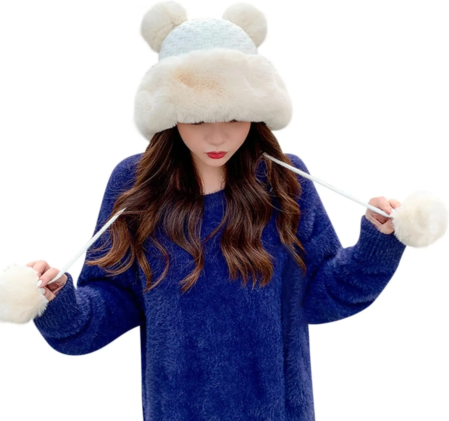 Fluffy Winter Beanie Hats for Women Warm Knitted Beanies with Faux Fur Pompom Thermal Chunky Skull Cap Ear Cover Hat