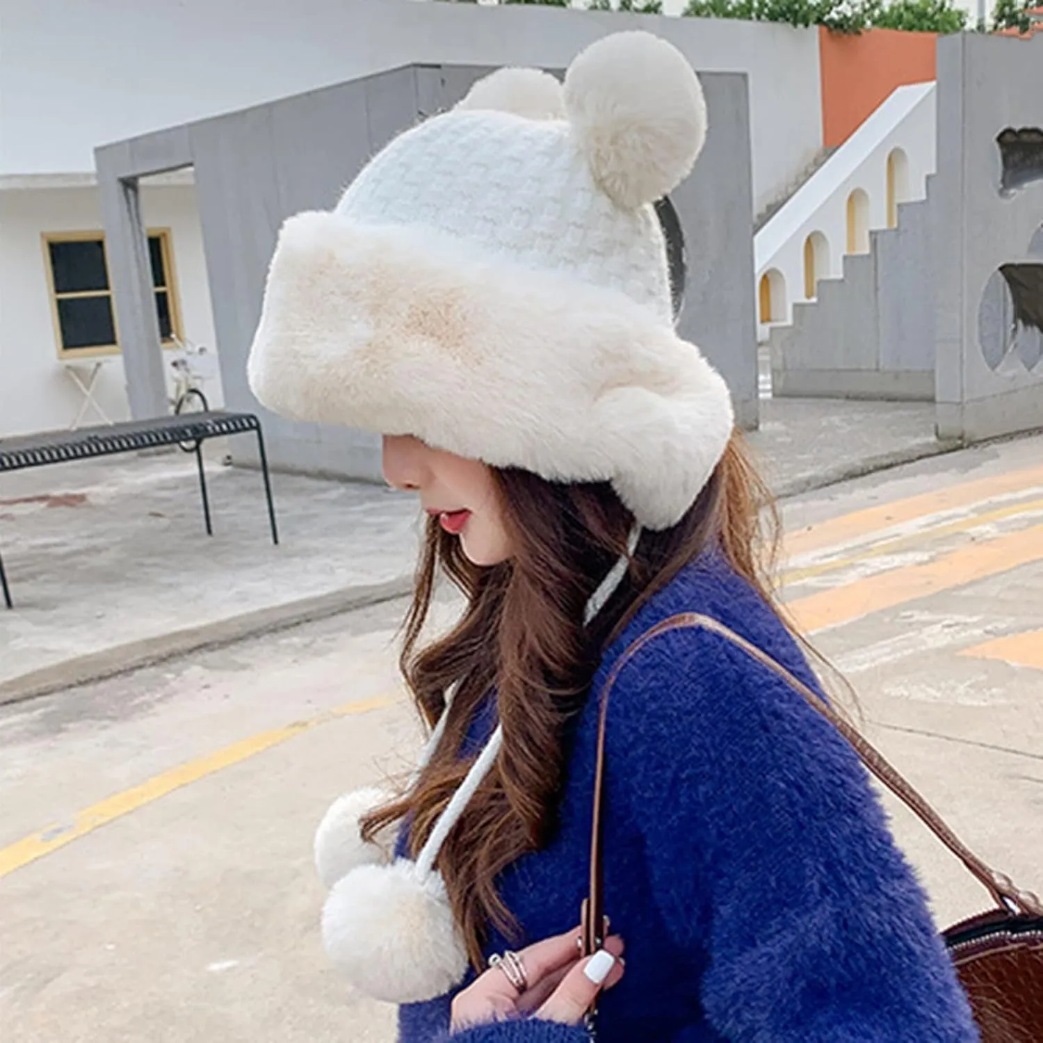 Fluffy Winter Beanie Hats for Women Warm Knitted Beanies with Faux Fur Pompom Thermal Chunky Skull Cap Ear Cover Hat