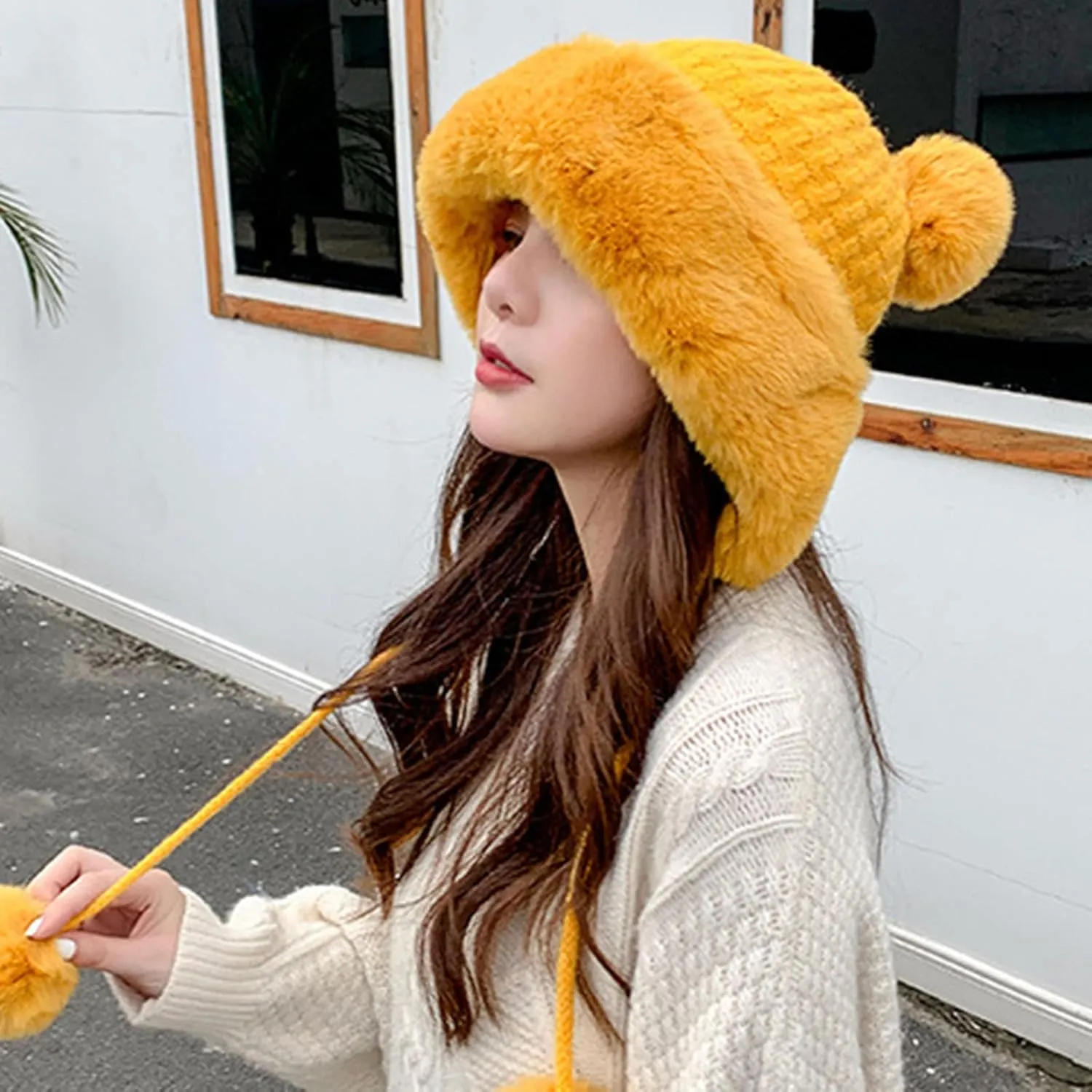 Fluffy Winter Beanie Hats for Women Warm Knitted Beanies with Faux Fur Pompom Thermal Chunky Skull Cap Ear Cover Hat