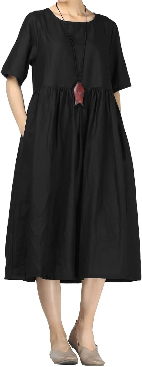 FTCayanz Women's Summer Midi Dress Linen Boho Casual Beach Flowy Sun Dresses with Pockets