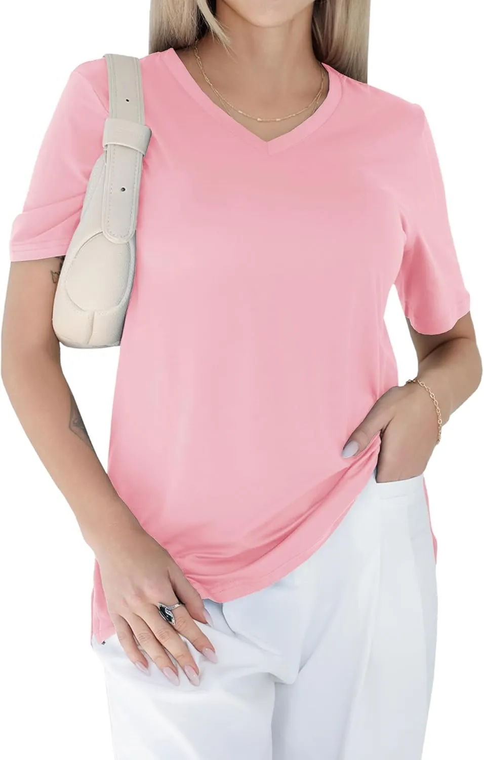 GAYHAY Womens V Neck T Shirts Oversized Loose Fit Short Sleeve Tops Casual Summer Vacation 2025