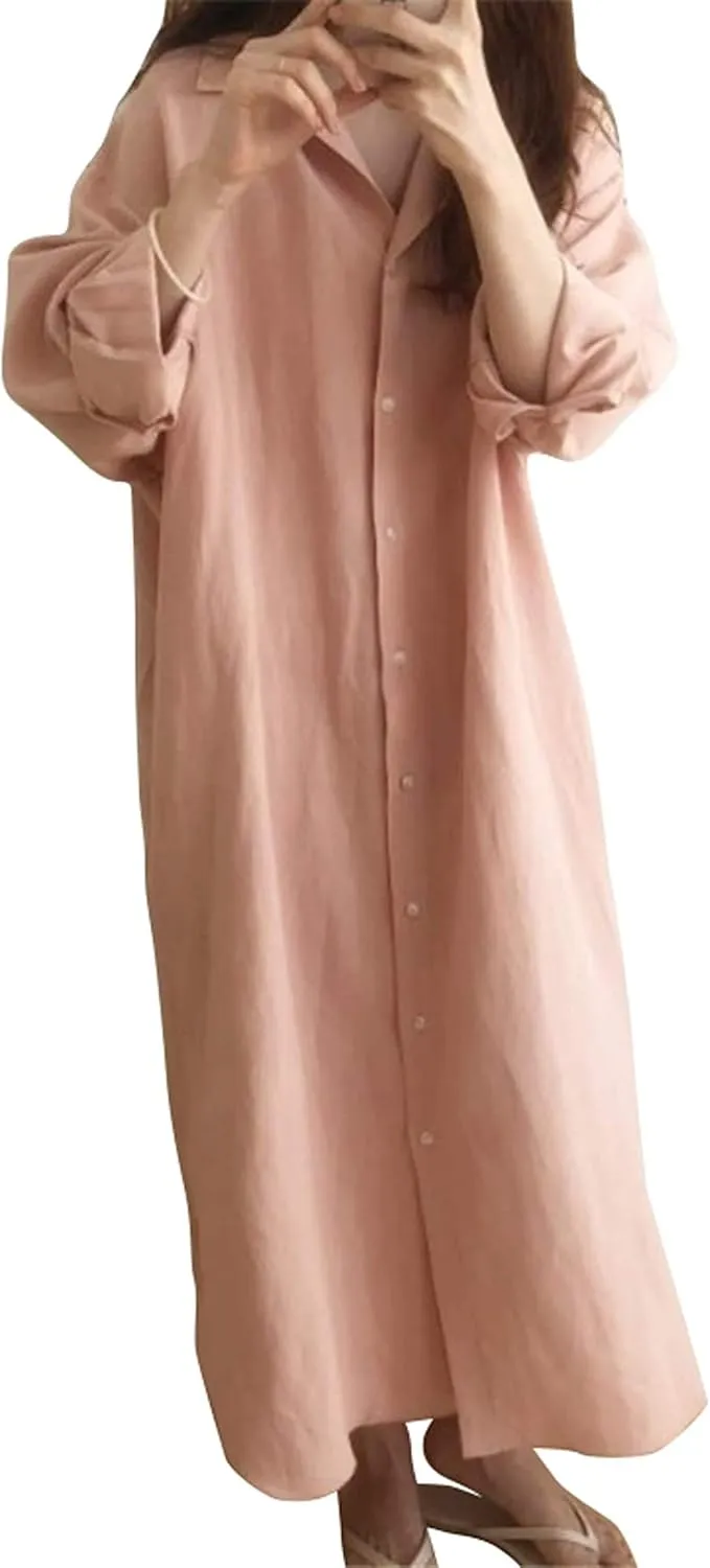 GGUHHU Womens Chic Button Down Rolled-Up Sleeve Long Cotton Blouse Maxi Dress (Large, Light Pink)