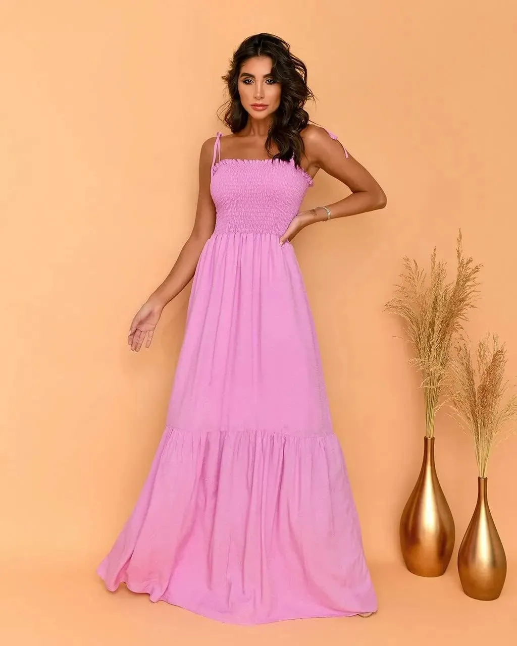 GOLDSTITCH Women's 2025 Summer Bohemian Spaghetti Strap Smocked A Line Flowy Maxi Dress