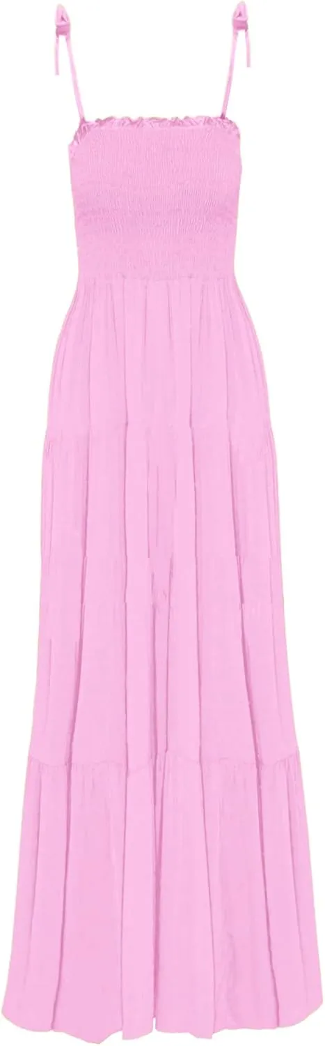 GOLDSTITCH Women's 2025 Summer Bohemian Spaghetti Strap Smocked A Line Flowy Maxi Dress