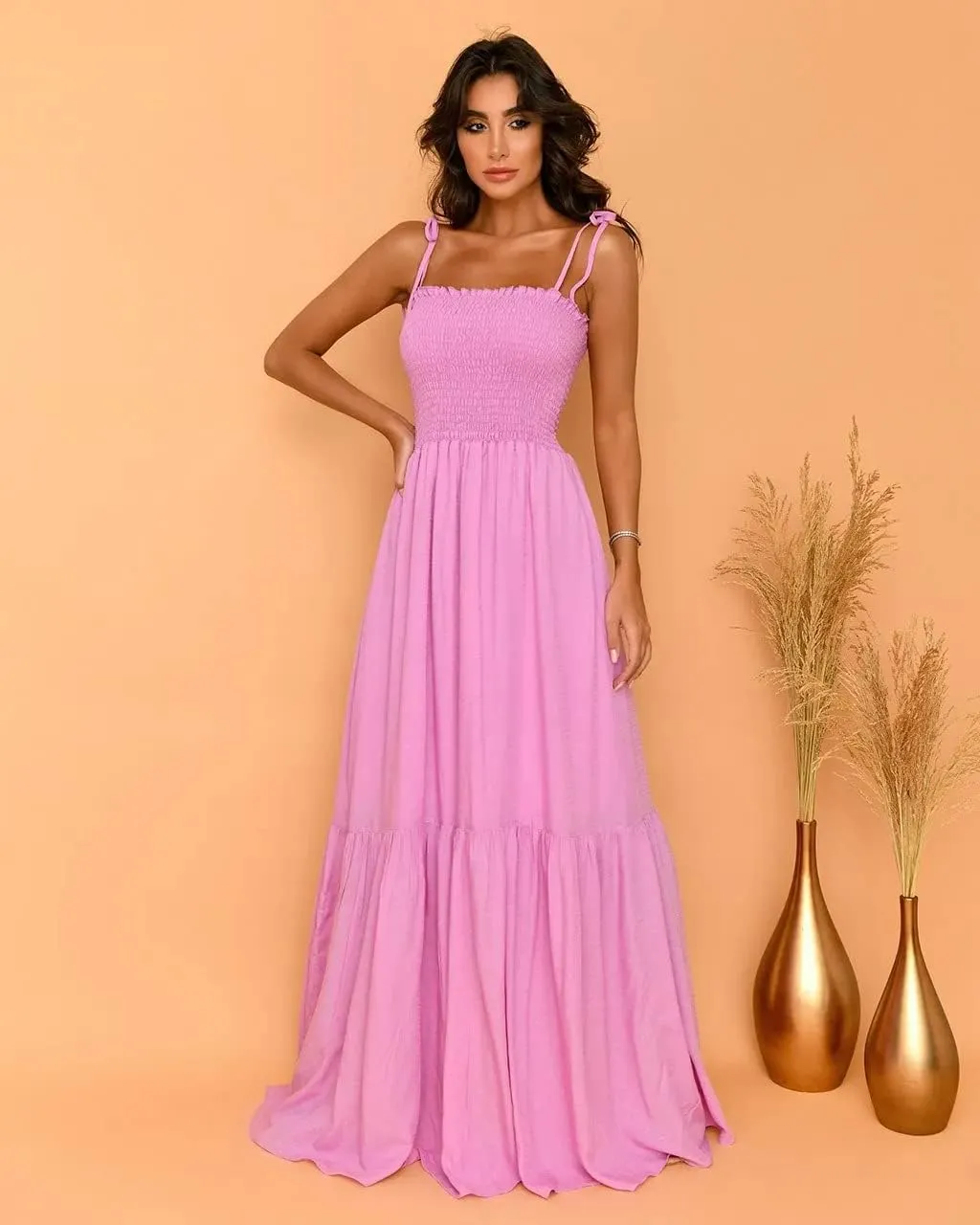 GOLDSTITCH Women's 2025 Summer Bohemian Spaghetti Strap Smocked A Line Flowy Maxi Dress