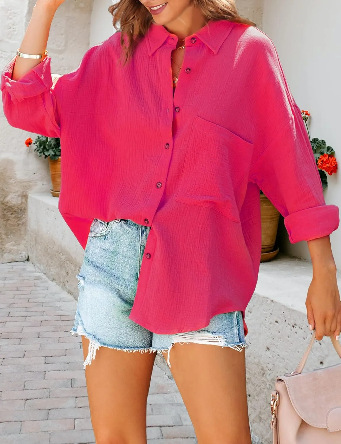 Gozoloma Women's Casual Loose Cotton Linen Blouse Button Up Long Sleeve Shirt Tops