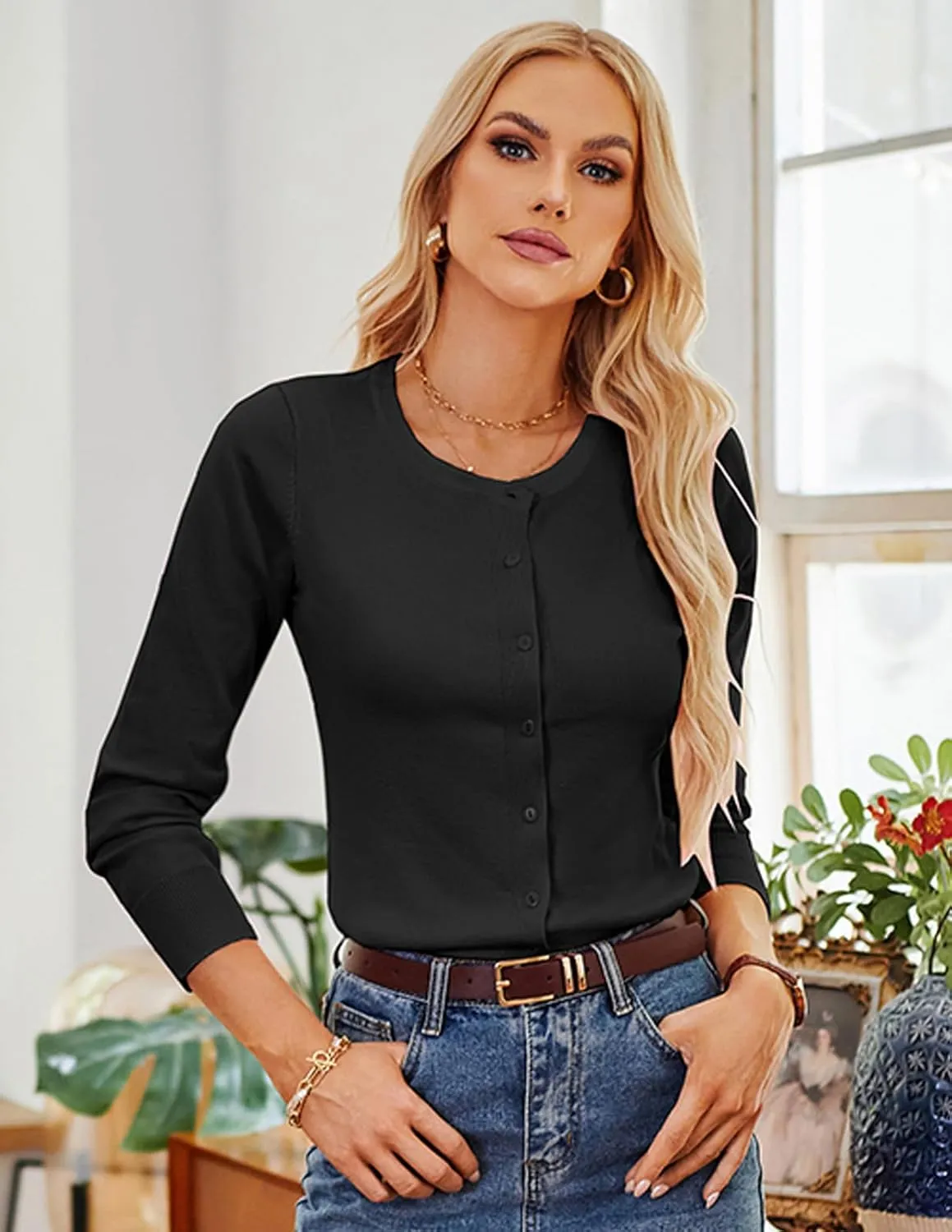 GRACE KARIN Women's Long Sleeve Button Down Crew Neck Classic Sweater Knit Cardigan