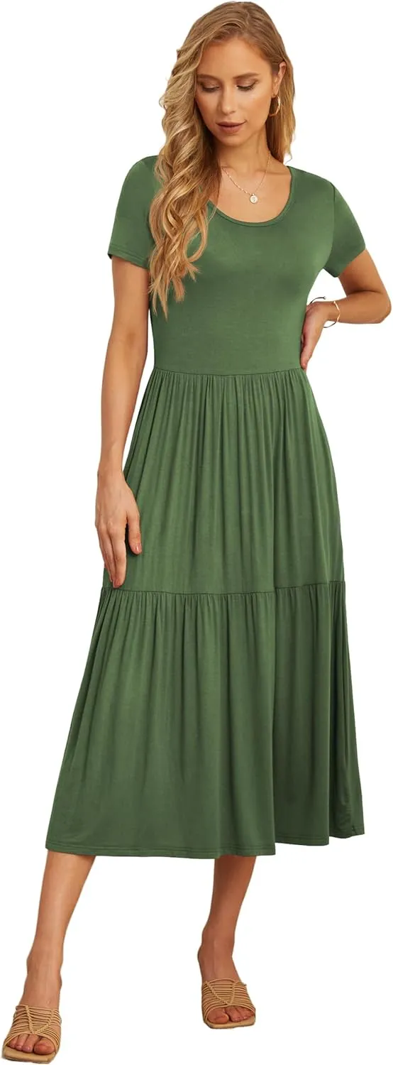 GRECERELLE Women's Summer Casual Crewneck Short Sleeve Aline Tiered Flowy Maxi Dress with Pockets