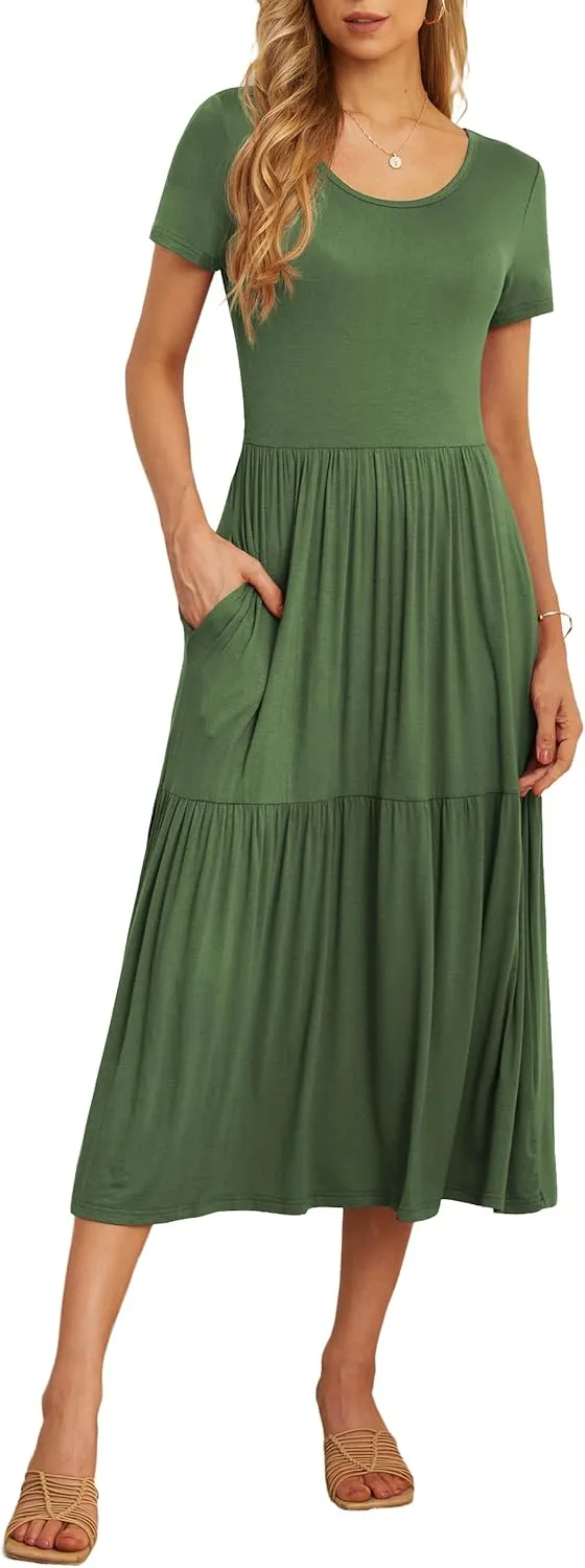 GRECERELLE Women's Summer Casual Crewneck Short Sleeve Aline Tiered Flowy Maxi Dress with Pockets