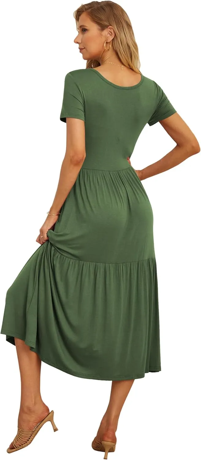 GRECERELLE Women's Summer Casual Crewneck Short Sleeve Aline Tiered Flowy Maxi Dress with Pockets