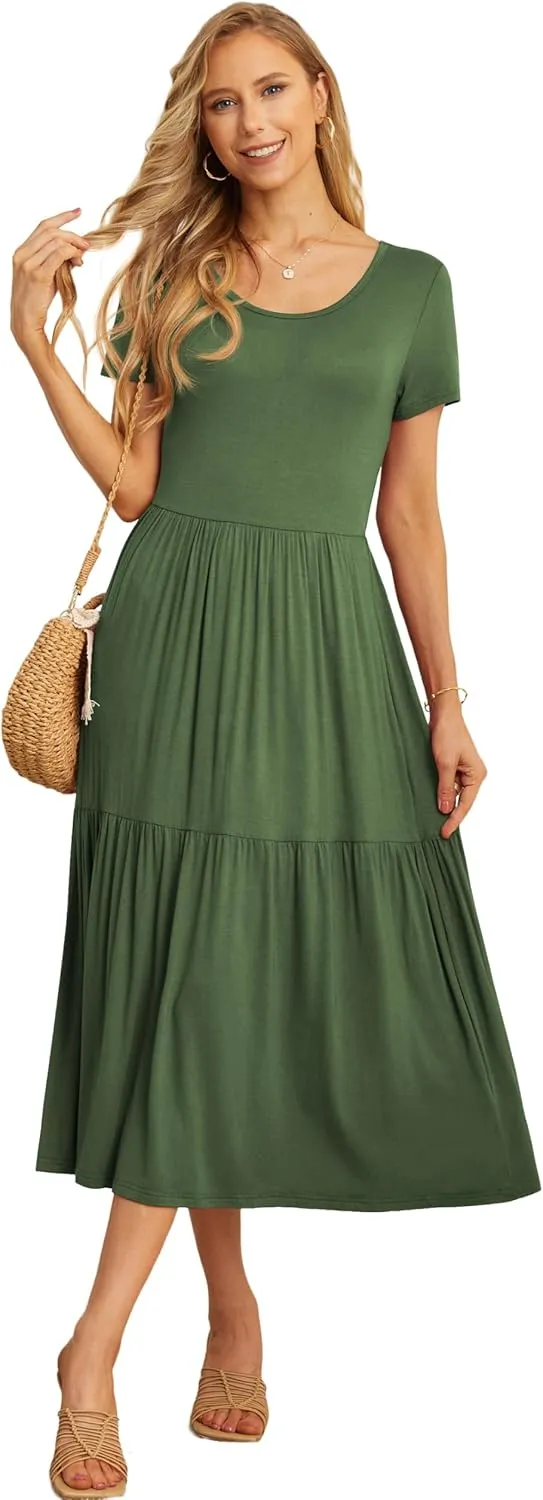 GRECERELLE Women's Summer Casual Crewneck Short Sleeve Aline Tiered Flowy Maxi Dress with Pockets