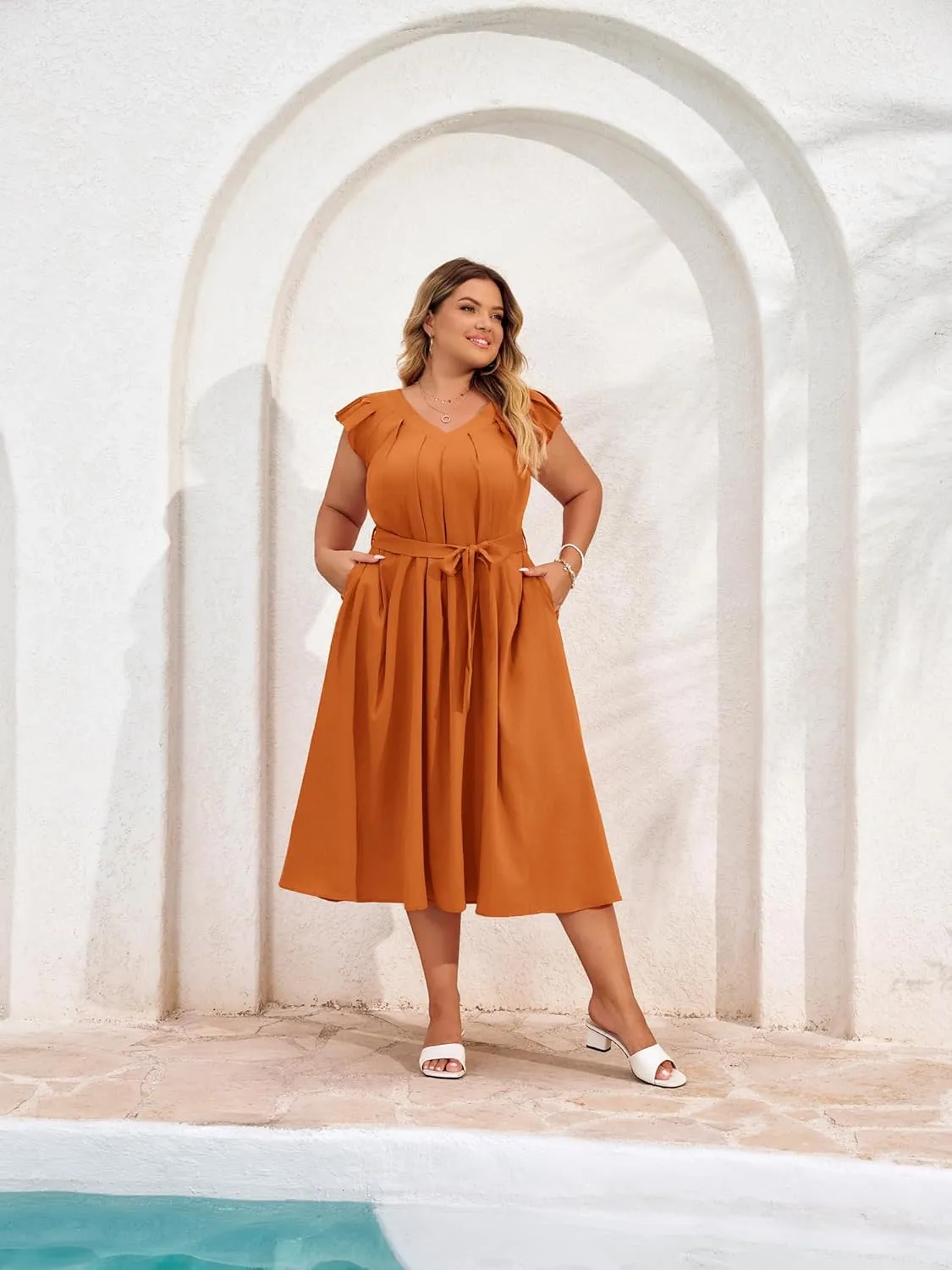 Hanna Nikole Womens Casual Dress for Summer Pleated Dress Loose Flowy Flare Midi Sundress
