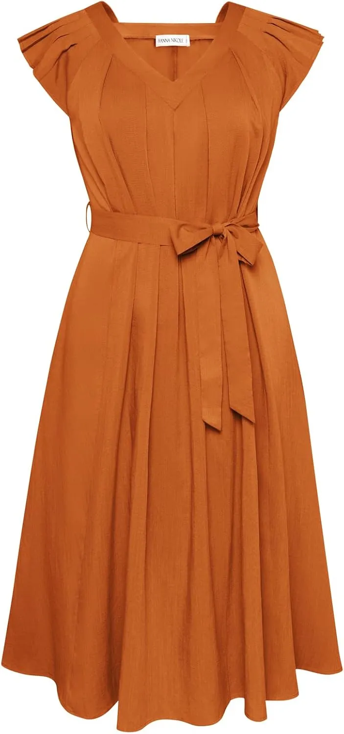 Hanna Nikole Womens Casual Dress for Summer Pleated Dress Loose Flowy Flare Midi Sundress