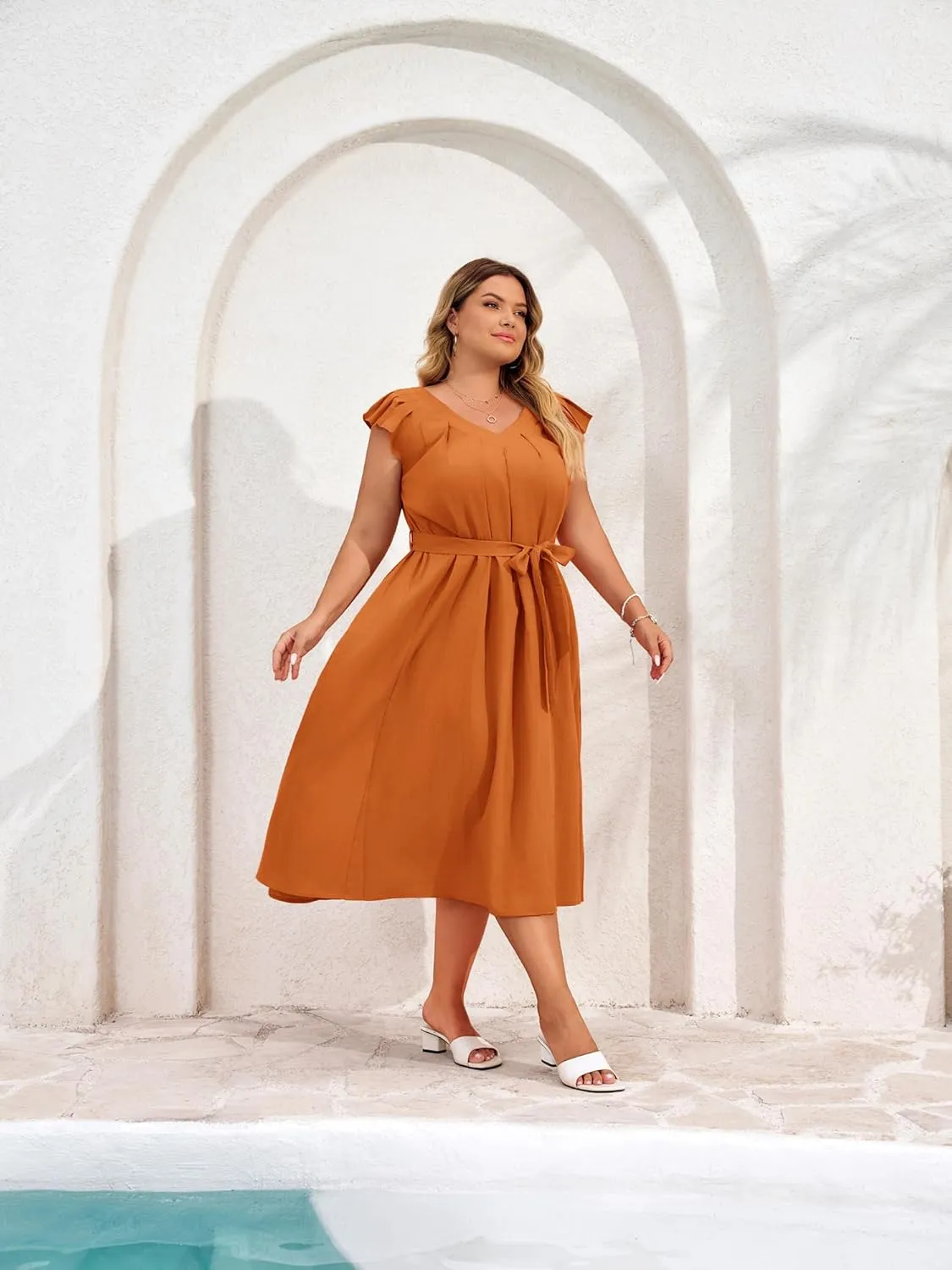 Hanna Nikole Womens Casual Dress for Summer Pleated Dress Loose Flowy Flare Midi Sundress