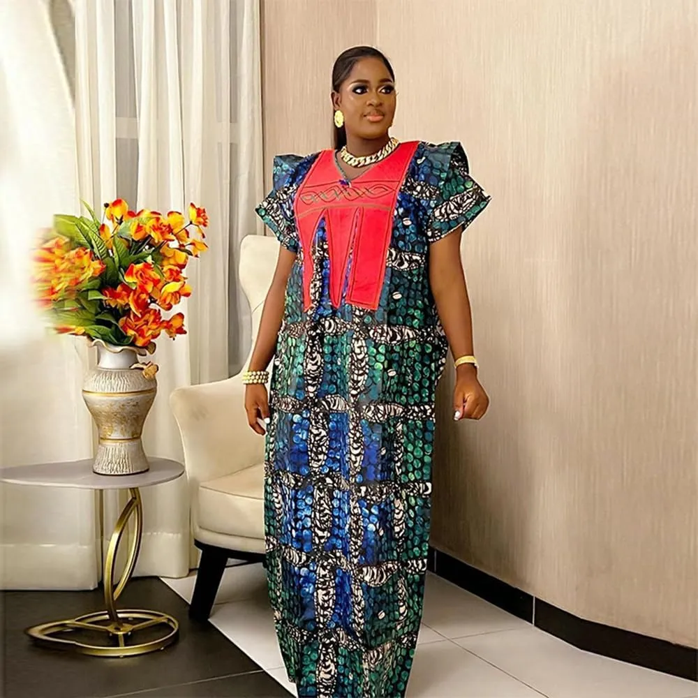 HD African Print Dress for Woman Embroidery Pattern Maxi Dress