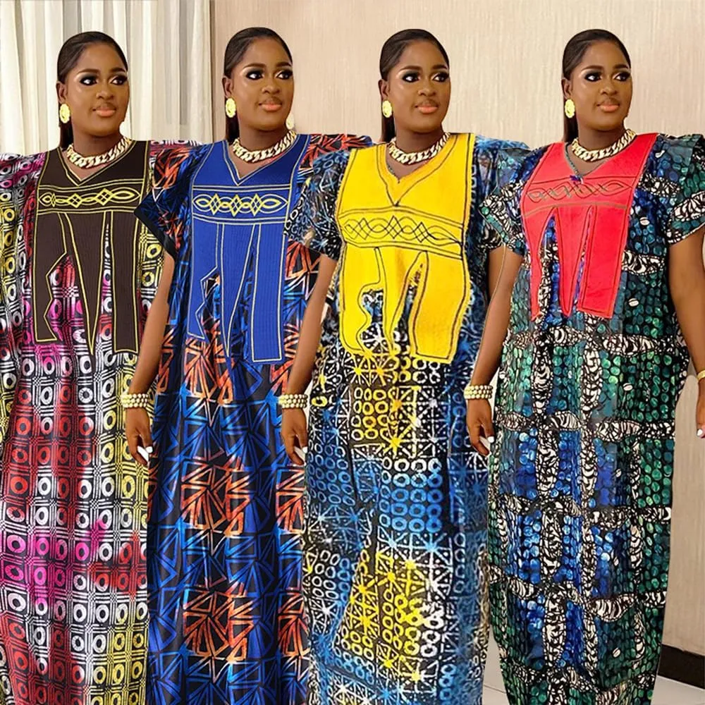 HD African Print Dress for Woman Embroidery Pattern Maxi Dress