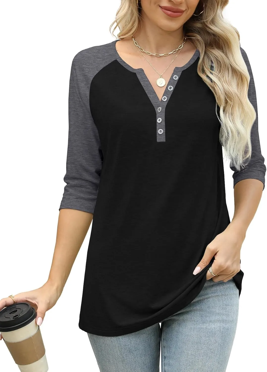 Heymiss Womens Summer Tops 3/4 Length Sleeve V Neck Casual Color Block Tunic Tops Dressy