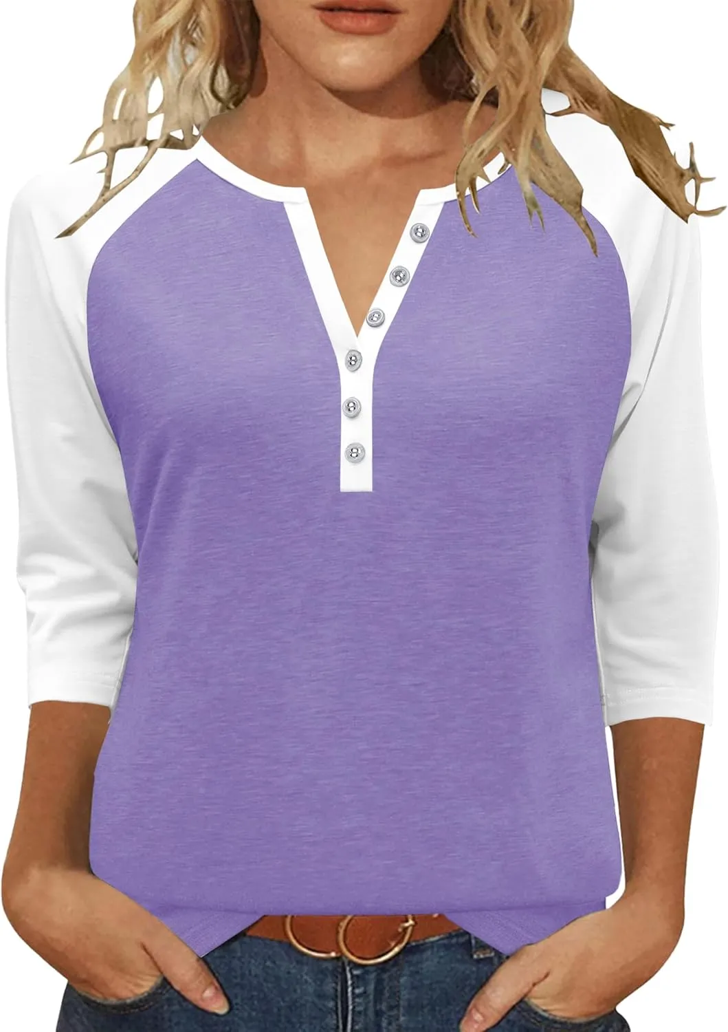 Heymiss Womens Summer Tops 3/4 Length Sleeve V Neck Casual Color Block Tunic Tops Dressy