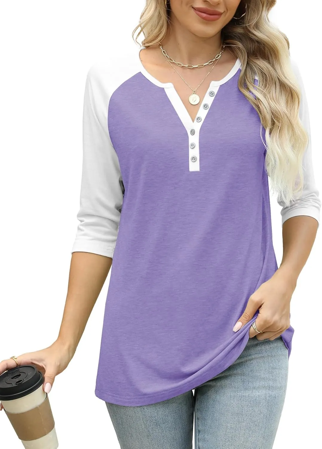 Heymiss Womens Summer Tops 3/4 Length Sleeve V Neck Casual Color Block Tunic Tops Dressy