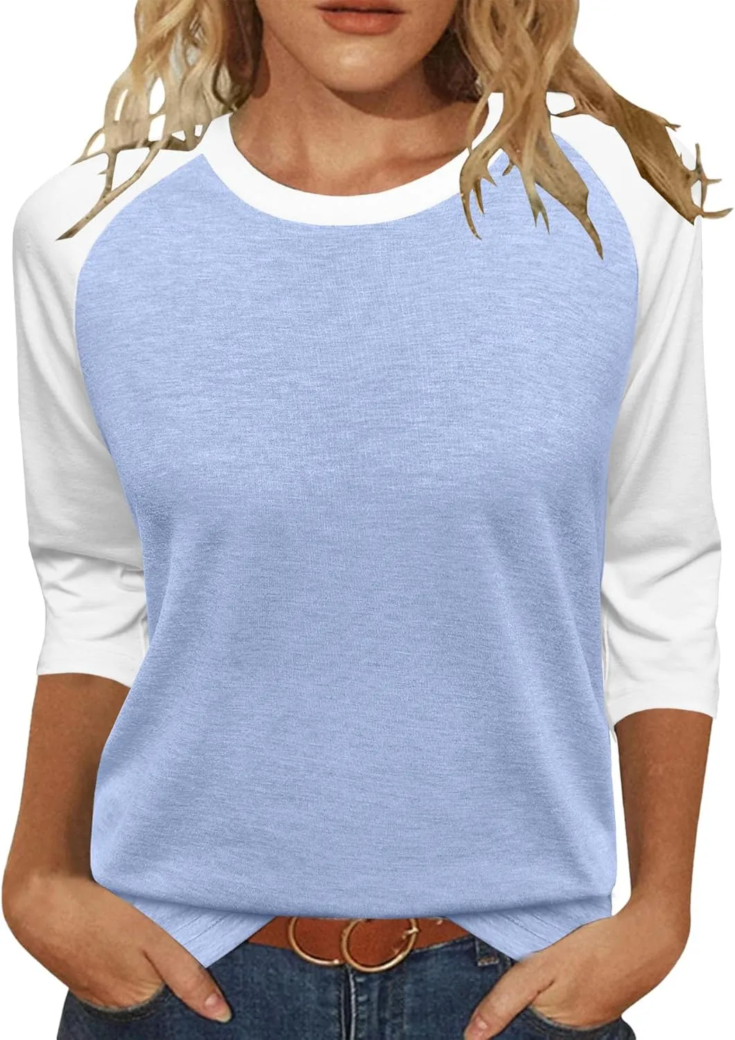 Heymiss Womens Tops 3/4 Sleeve Shirts Round Neck Loose Casual Tshirts Color Block Summer Tees