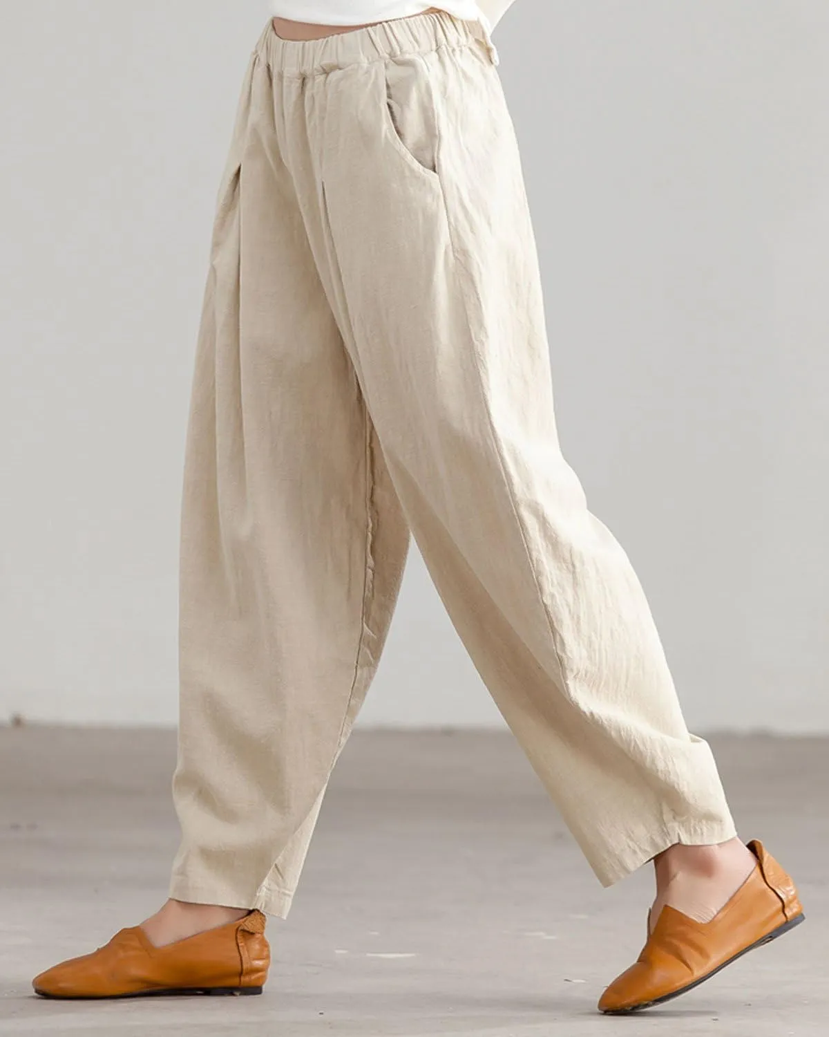 IXIMO Women's Casual Cotton Linen Baggy Pants with Elastic Waist Relax Fit Lantern Trouser