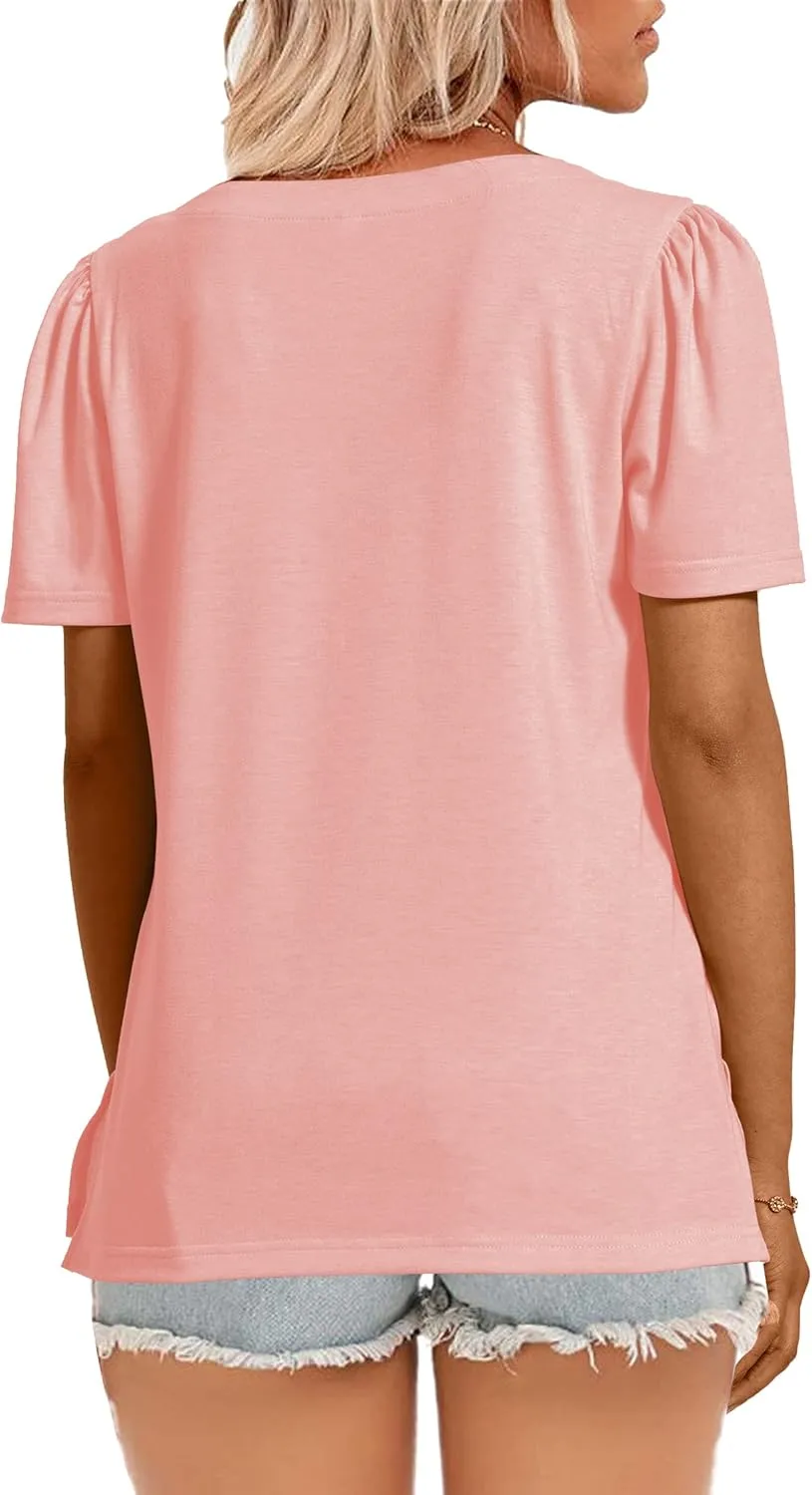 JomeDesign Womens Summer Tops Short Sleeve Crew Neck Shirts Puff Sleeve Casual Tshirts