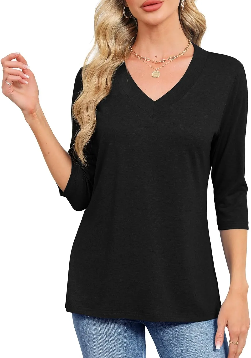 JomeDesign Womens Tops 3/4 Length Sleeve Summer V Neck Shirts Casual Tunic Tops 2025