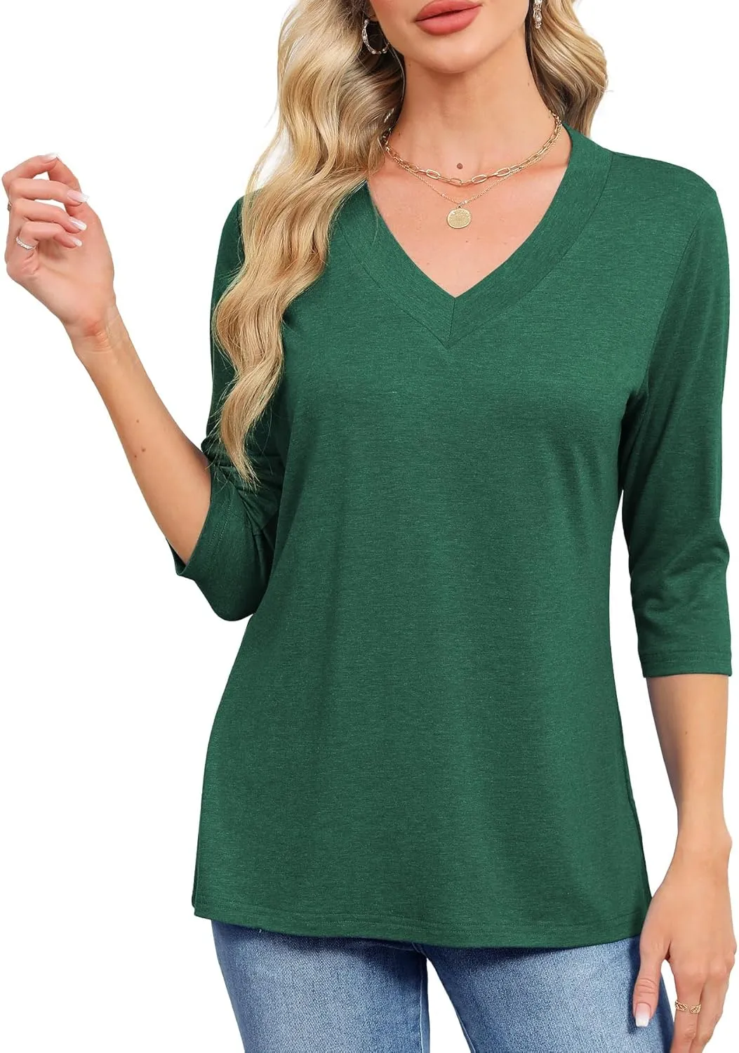 JomeDesign Womens Tops 3/4 Length Sleeve Summer V Neck Shirts Casual Tunic Tops 2025
