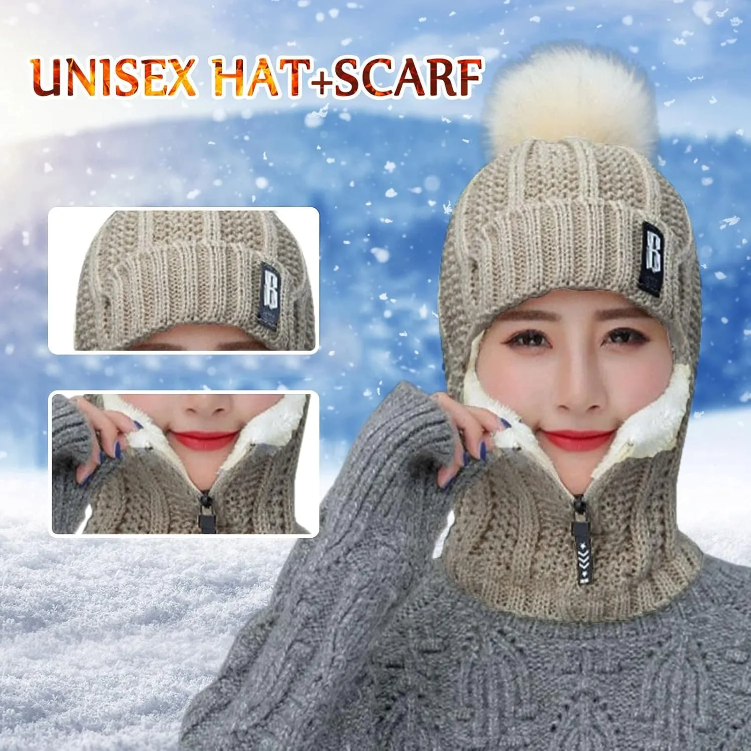 Knit Balaclava Ski Mask Full Face Mask Windproof Winter Scarf Men Women Outdoor Sports Cycling Caps with Plush Ball &