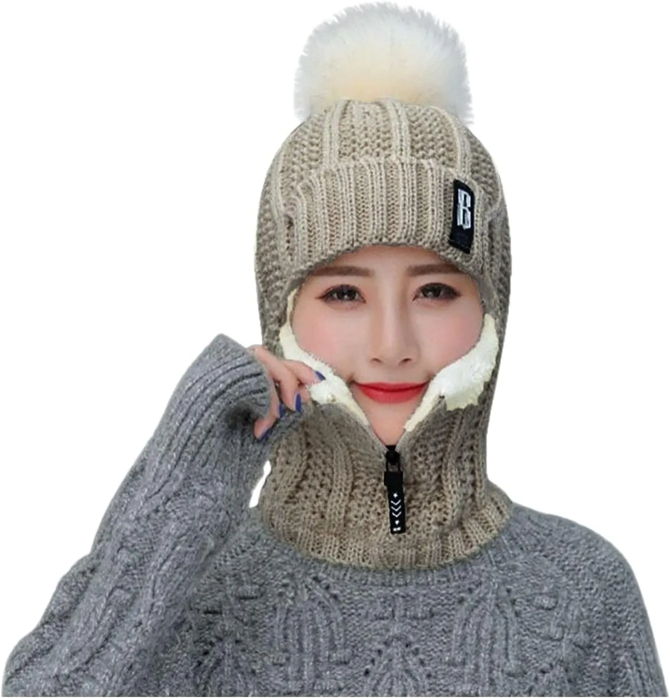 Knit Balaclava Ski Mask Full Face Mask Windproof Winter Scarf Men Women Outdoor Sports Cycling Caps with Plush Ball &