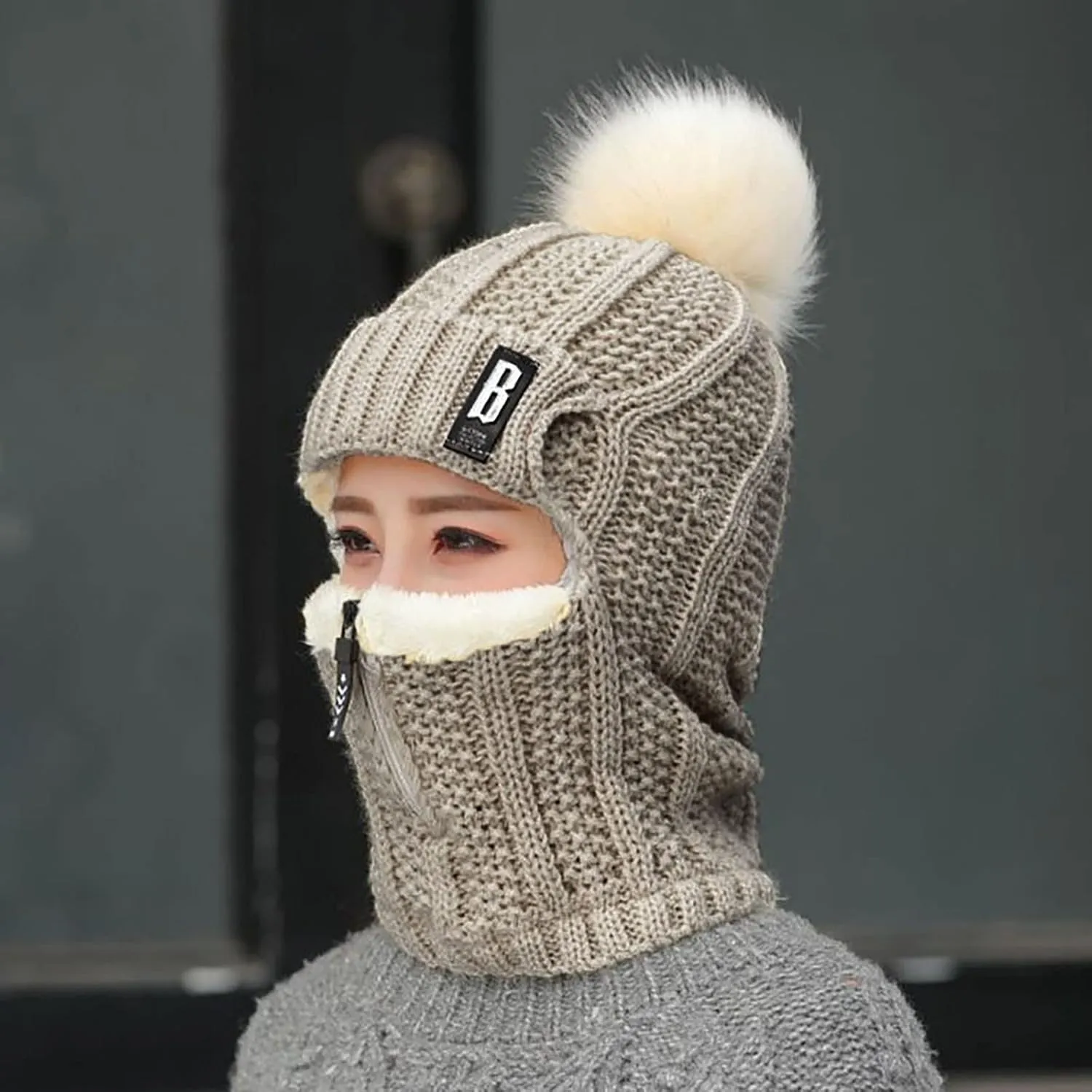 Knit Balaclava Ski Mask Full Face Mask Windproof Winter Scarf Men Women Outdoor Sports Cycling Caps with Plush Ball &