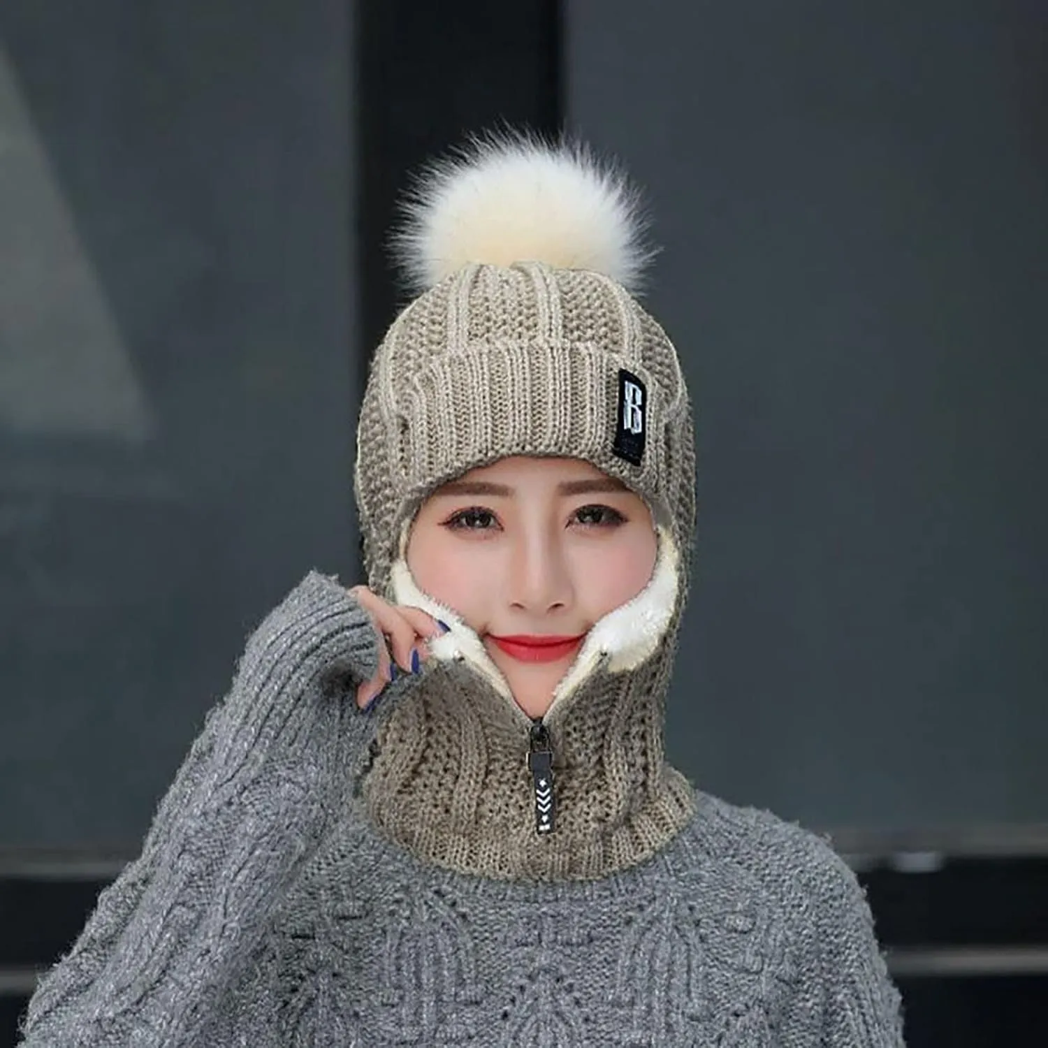 Knit Balaclava Ski Mask Full Face Mask Windproof Winter Scarf Men Women Outdoor Sports Cycling Caps with Plush Ball &