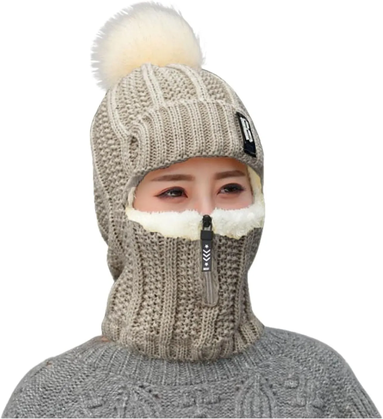 Knit Balaclava Ski Mask Full Face Mask Windproof Winter Scarf Men Women Outdoor Sports Cycling Caps with Plush Ball &
