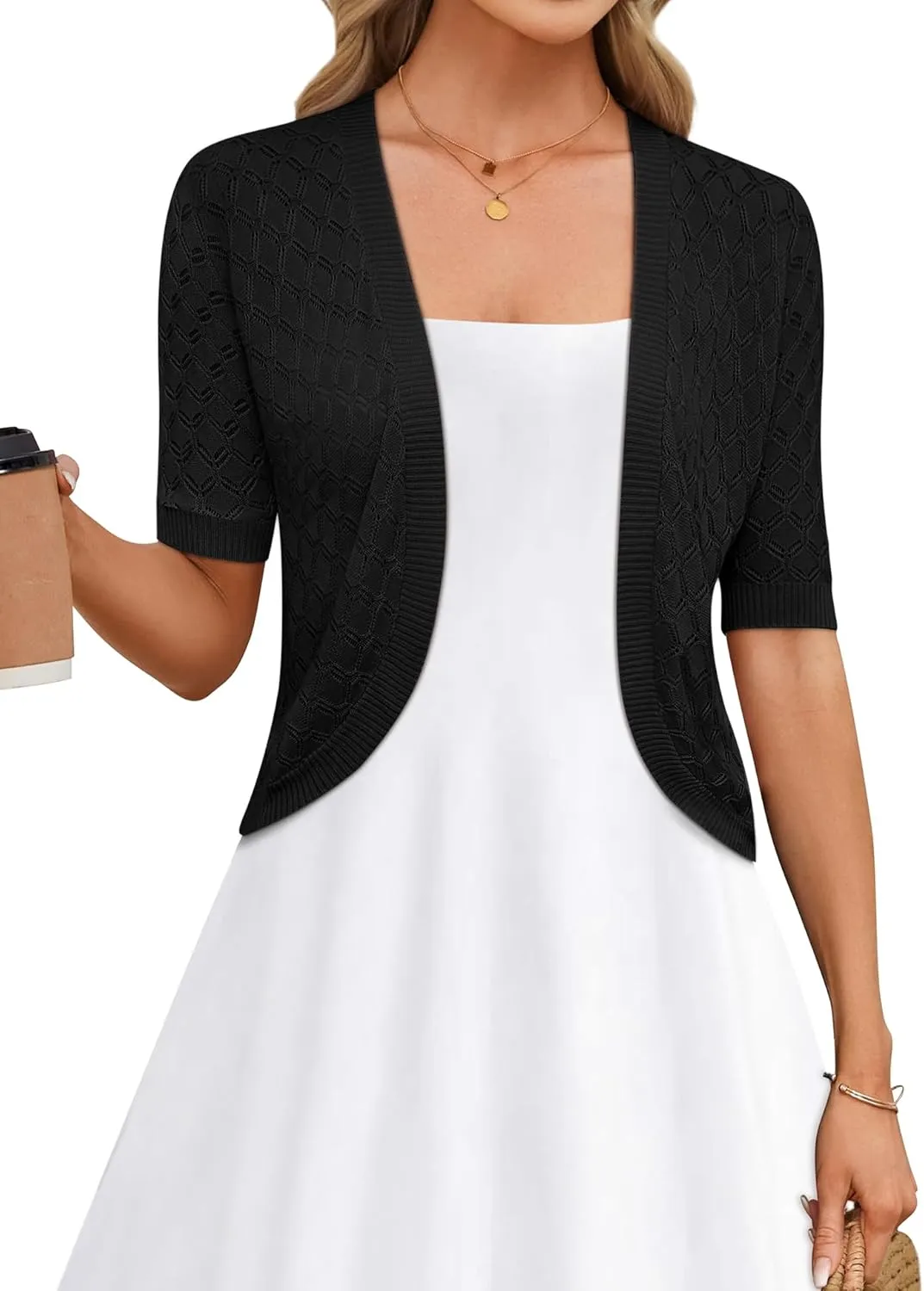 LOMON Womens Cropped Cardigan Short Sleeve Bolero Shrug Sweater Open Front Lightweight
