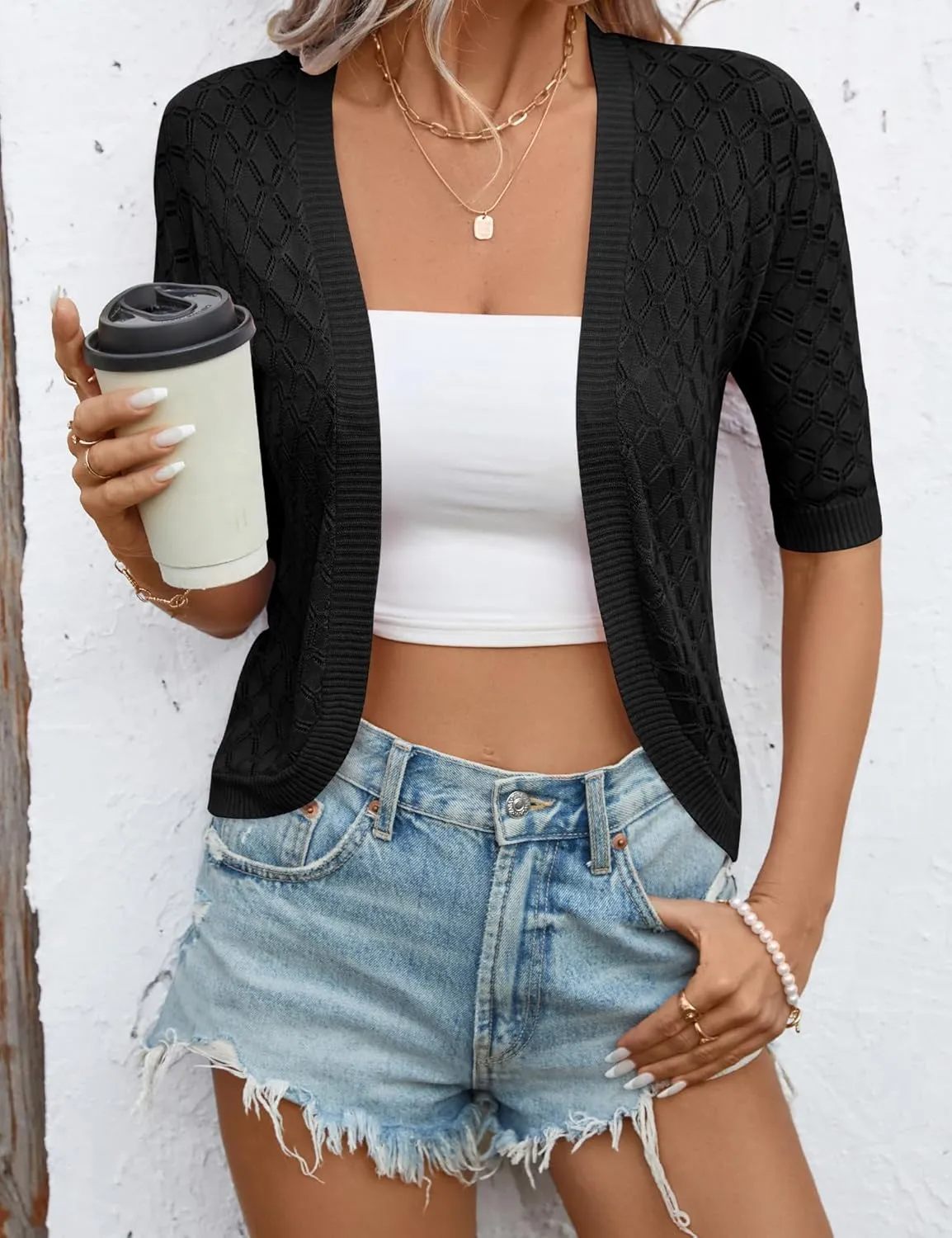 LOMON Womens Cropped Cardigan Short Sleeve Bolero Shrug Sweater Open Front Lightweight