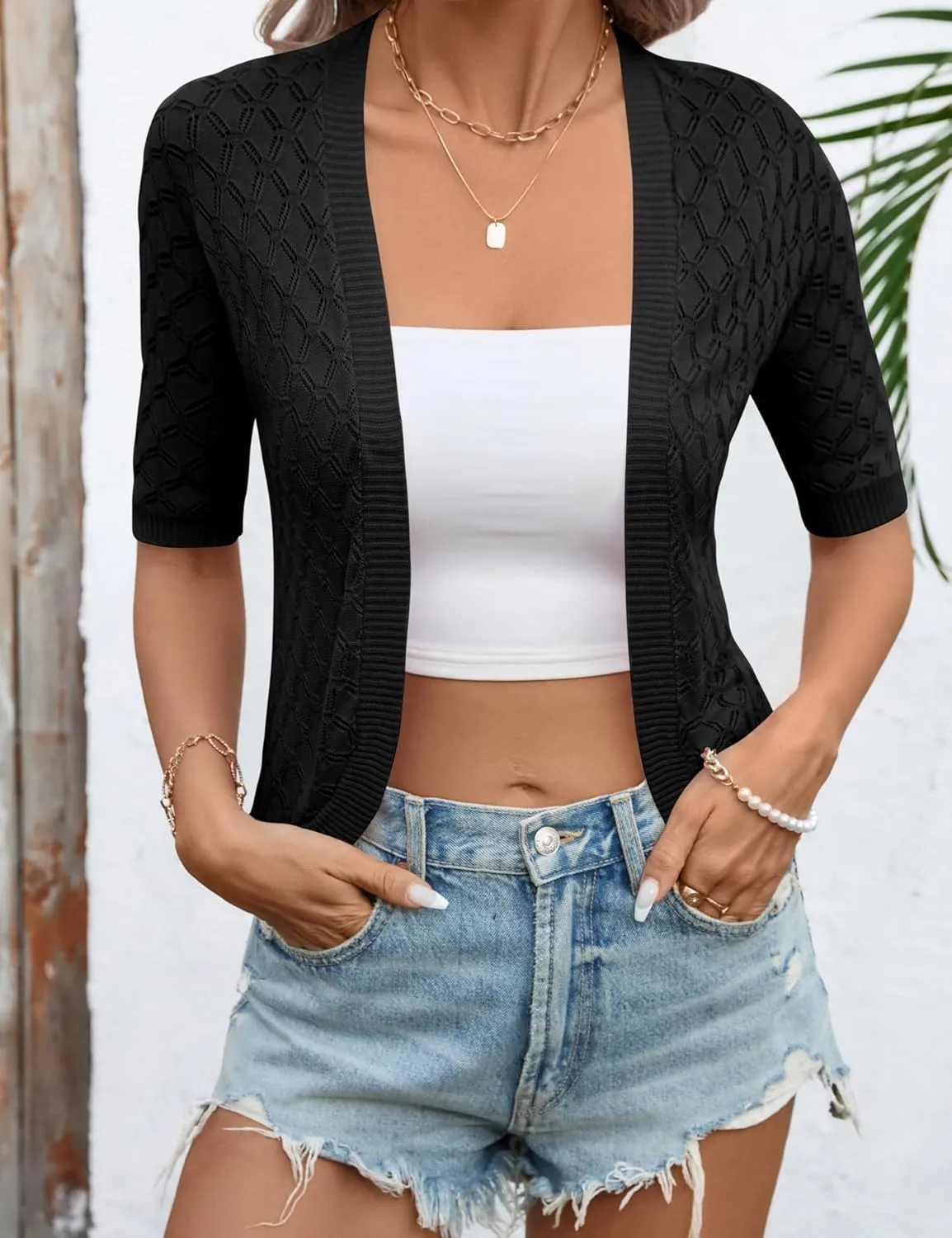 LOMON Womens Cropped Cardigan Short Sleeve Bolero Shrug Sweater Open Front Lightweight