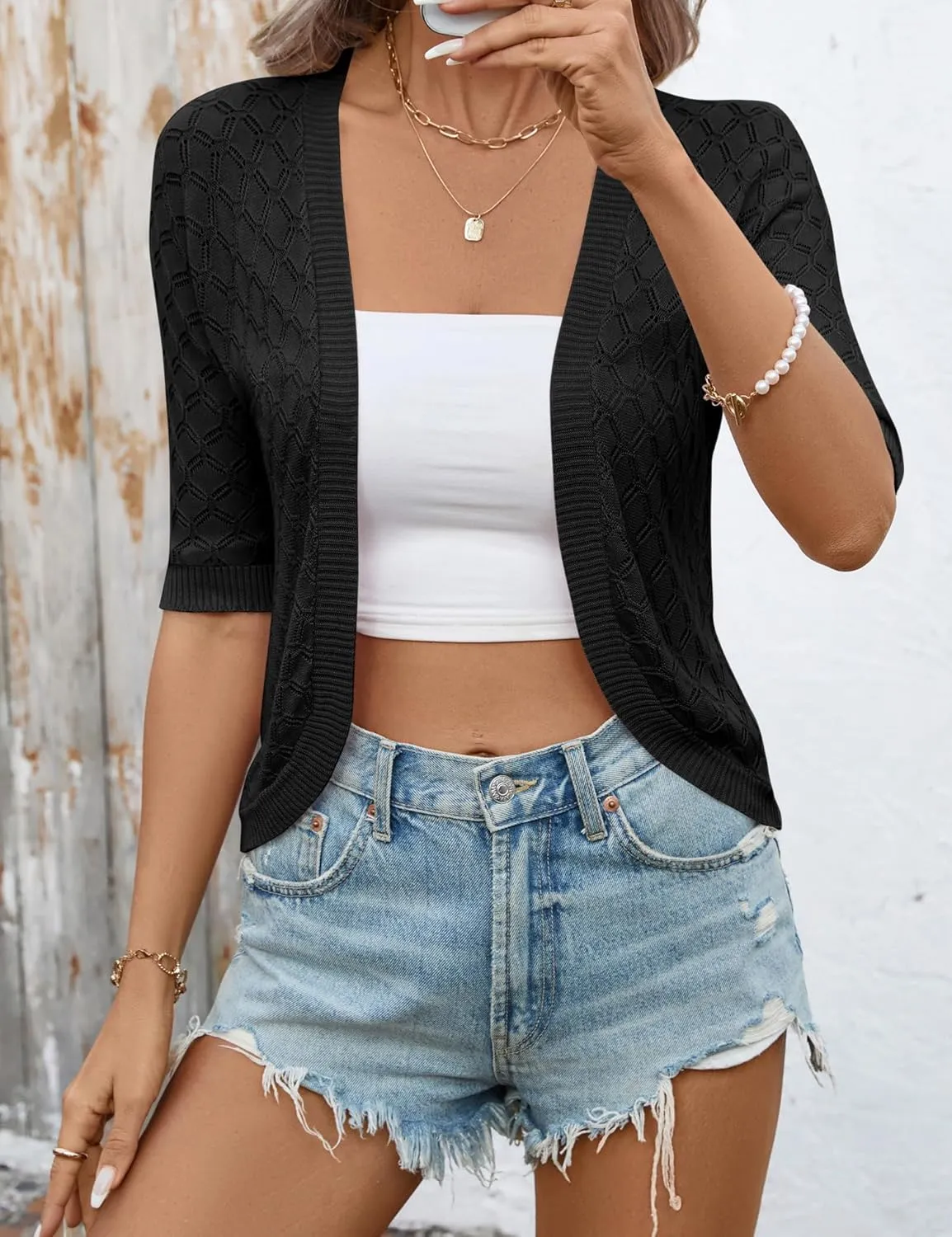 LOMON Womens Cropped Cardigan Short Sleeve Bolero Shrug Sweater Open Front Lightweight