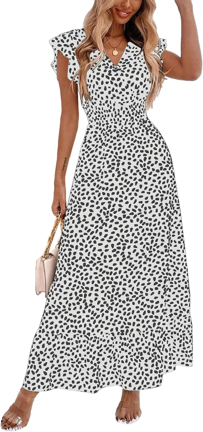 LYANER Women's Floral Print V Neck Ruffle Cap Sleeve Ruffle Hem Flowy Midi Dress