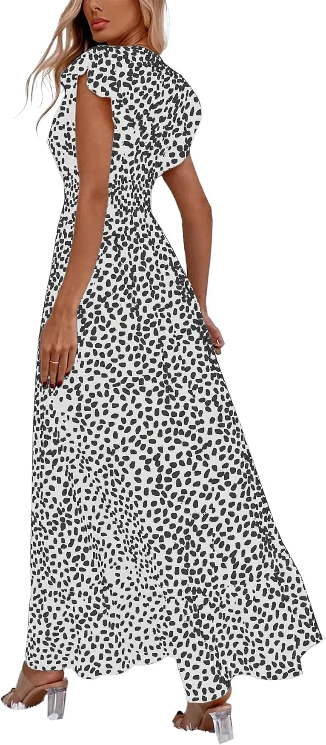 LYANER Women's Floral Print V Neck Ruffle Cap Sleeve Ruffle Hem Flowy Midi Dress