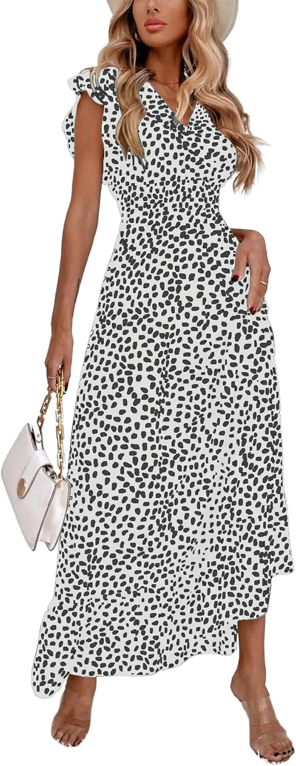 LYANER Women's Floral Print V Neck Ruffle Cap Sleeve Ruffle Hem Flowy Midi Dress