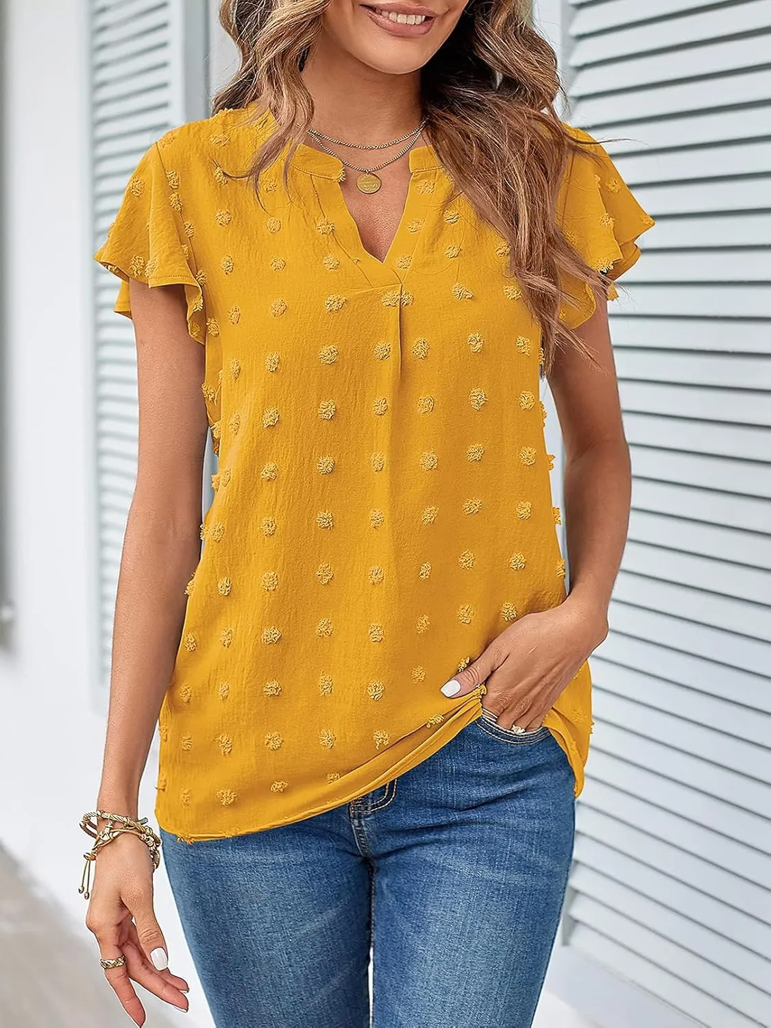 MEROKEETY Women 2025 Summer V Neck Ruffle Short Sleeve Blouse Swiss Dot Flowy Shirt Tunic Top