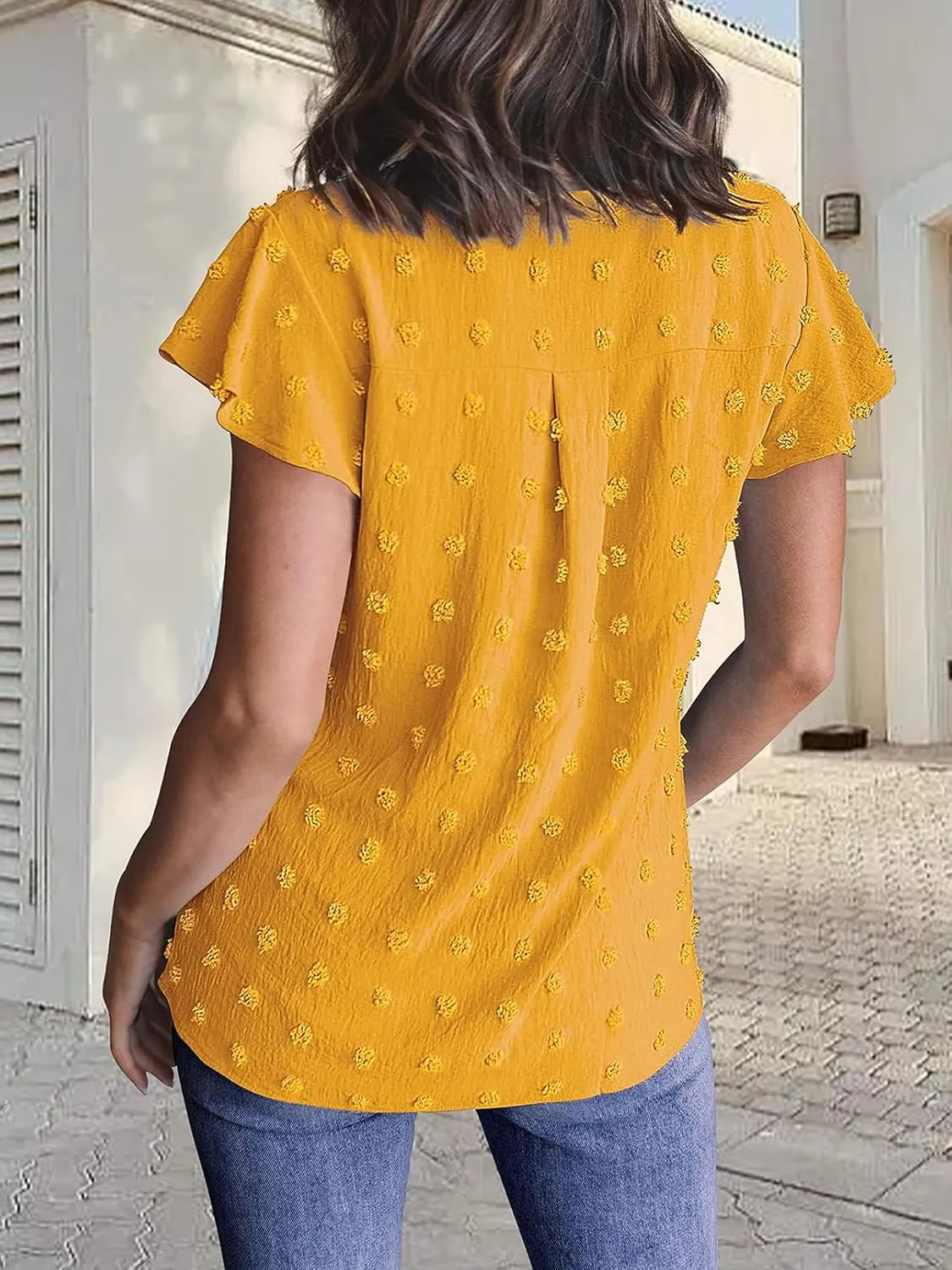 MEROKEETY Women 2025 Summer V Neck Ruffle Short Sleeve Blouse Swiss Dot Flowy Shirt Tunic Top
