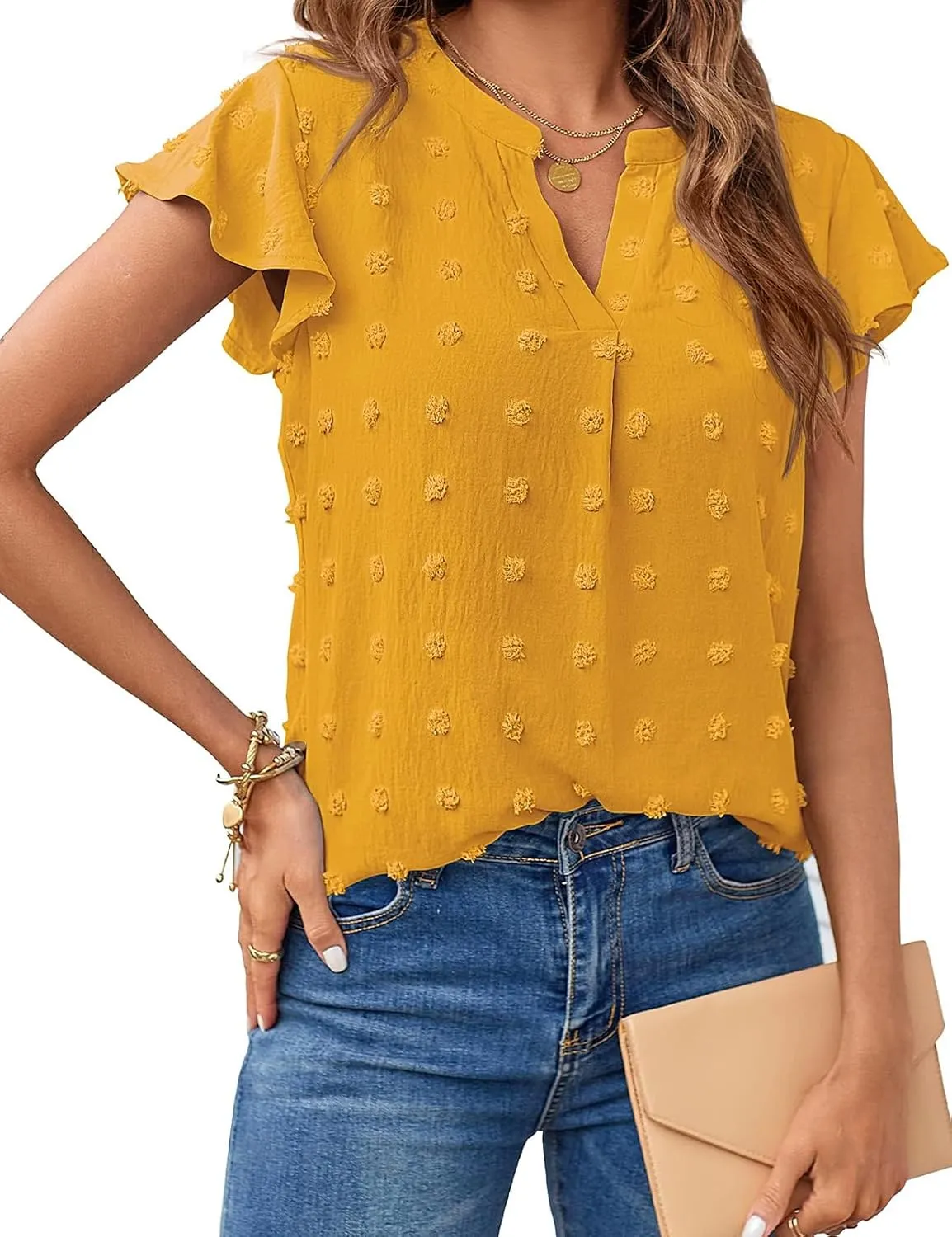 MEROKEETY Women 2025 Summer V Neck Ruffle Short Sleeve Blouse Swiss Dot Flowy Shirt Tunic Top