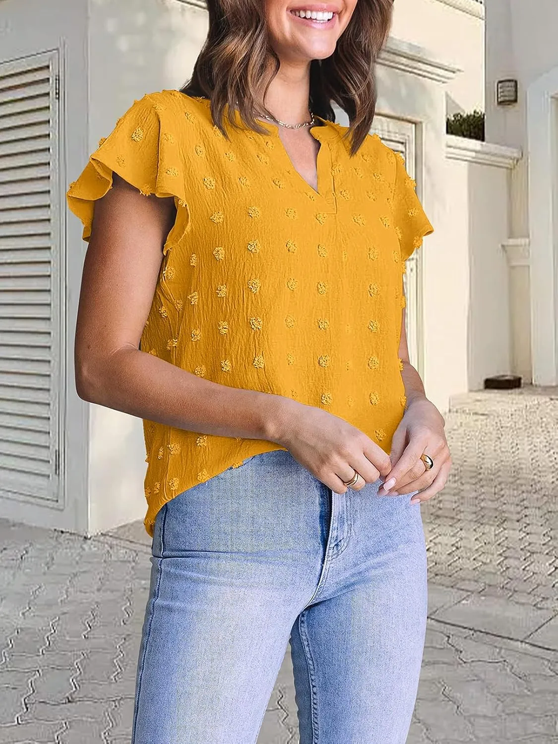 MEROKEETY Women 2025 Summer V Neck Ruffle Short Sleeve Blouse Swiss Dot Flowy Shirt Tunic Top