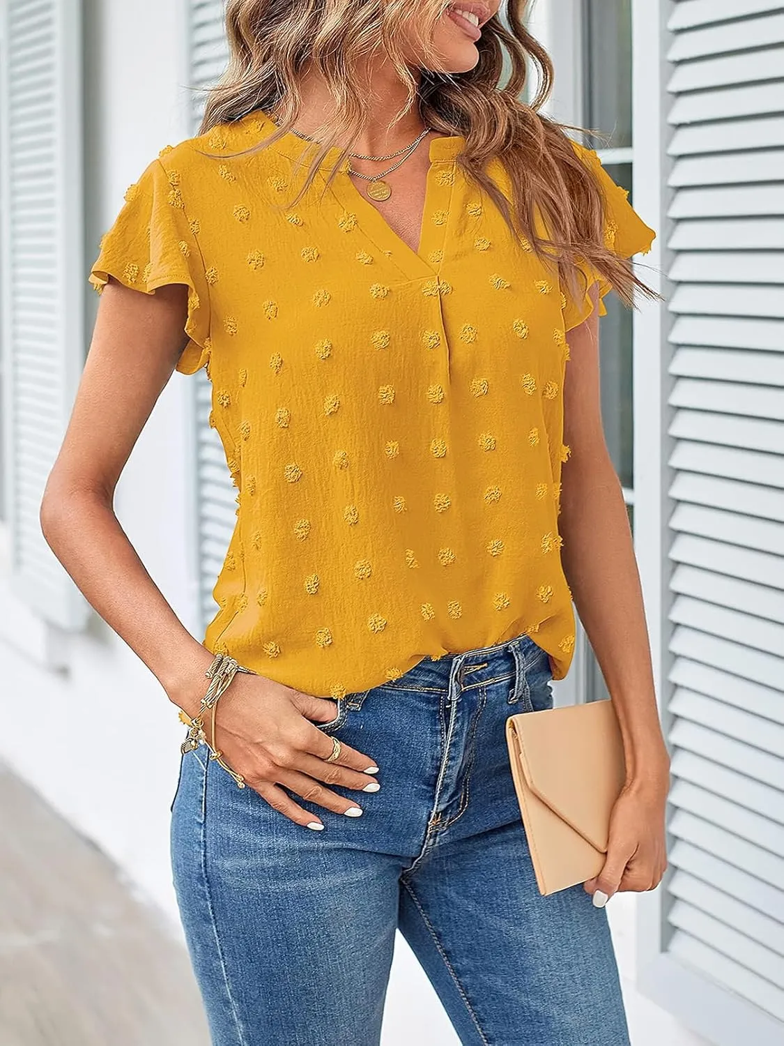 MEROKEETY Women 2025 Summer V Neck Ruffle Short Sleeve Blouse Swiss Dot Flowy Shirt Tunic Top