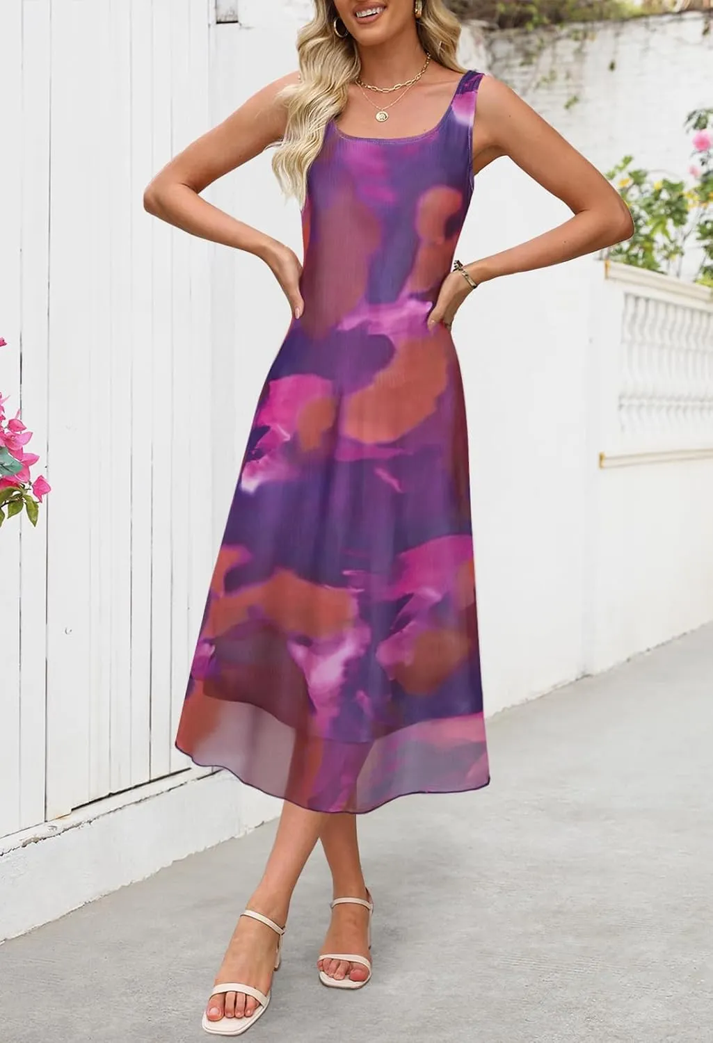 MEROKEETY Women's 2025 Summer Floral Midi Dress Casual Flowy Mesh Boho Vacation Beach Sundress