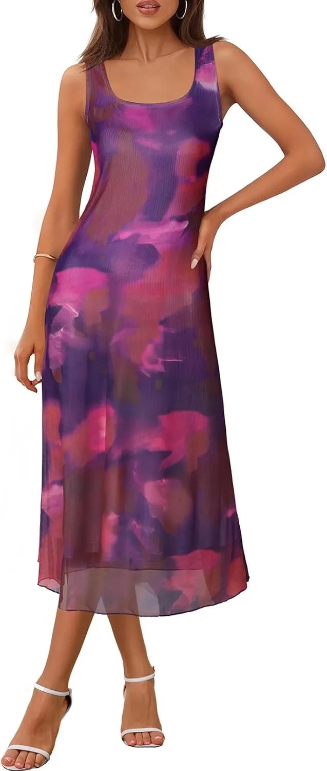 MEROKEETY Women's 2025 Summer Floral Midi Dress Casual Flowy Mesh Boho Vacation Beach Sundress